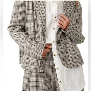 Free People Plaid Tailored Blazer in Gray and Cream